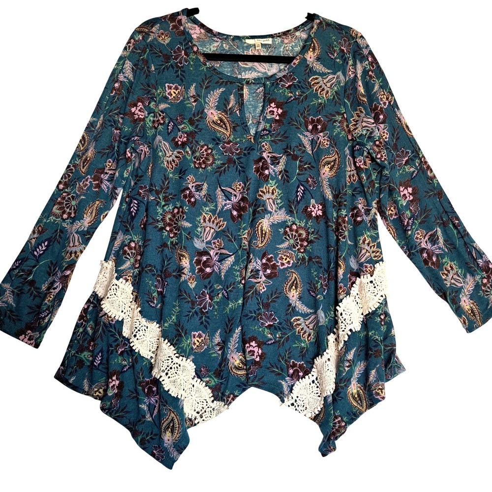 Tru Self Floral Tunic Top Plus Size 1X Teal‎ Print Crochet Trim Boho Casual